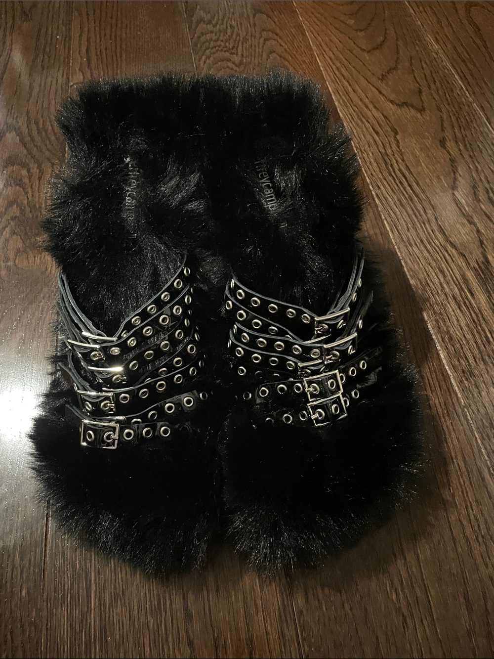 Jeffrey Campbell Black Faux Fur Slide Sandals with Buckled Grommet Straps
